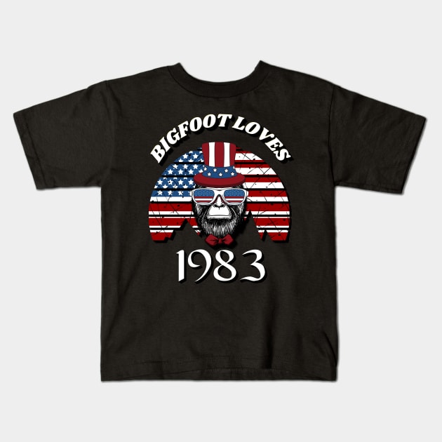 Bigfoot loves America and People born in 1983 Kids T-Shirt by Scovel Design Shop